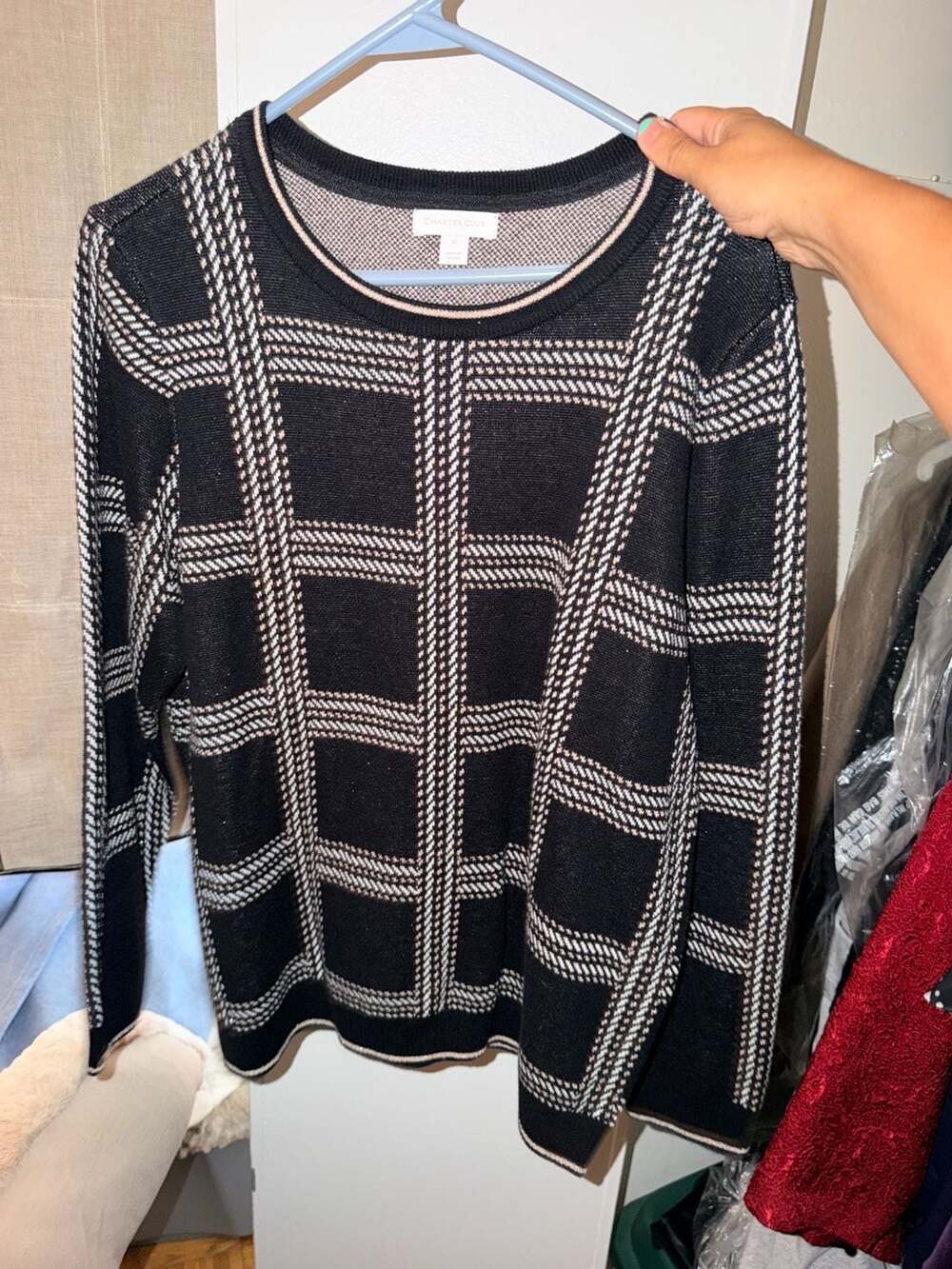 Charter Club Plaid Sweater Size XL Black Metallic Pullover